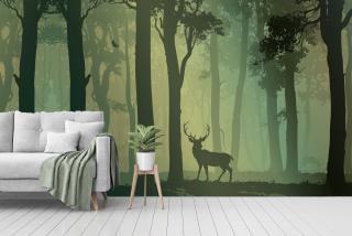 Deciduous Forest with Birds and Deer