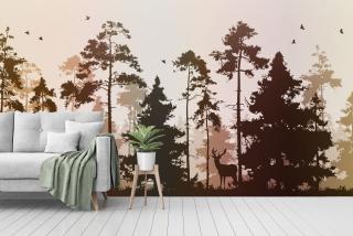 Pine Forest with Deer and Birds