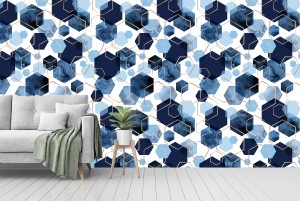 Deep Blue Watercolor Hexagons with Gold Foil Outline