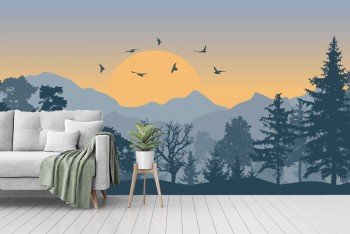 Forest with Sunset and Flying Birds